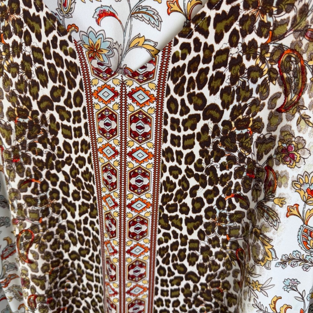 Chicos Mixed Print Blouse Size 2 Large Leopard Floral Paisley Stretch Boho Comfy - Picture 2 of 8